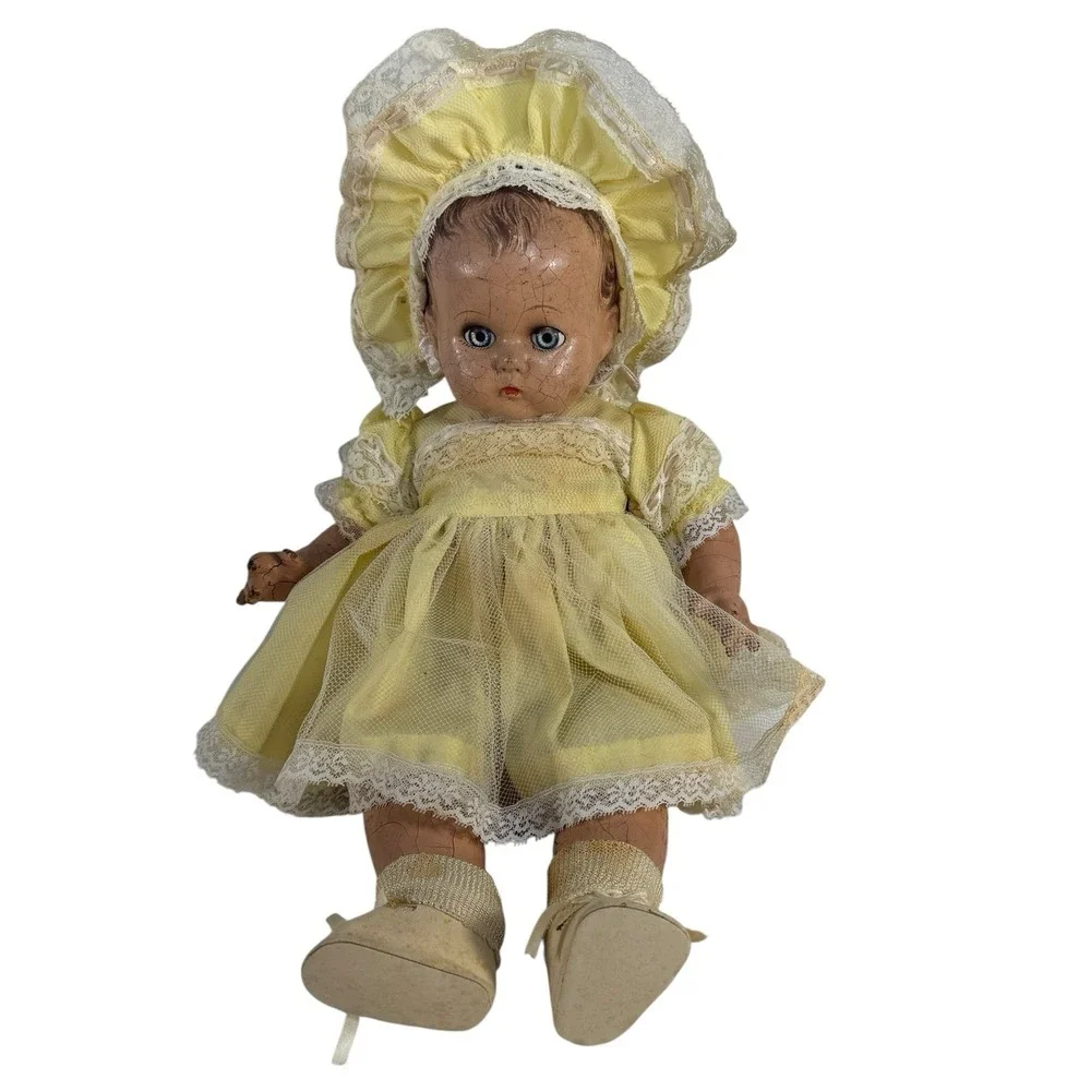 Antique Composition Baby Doll‎ Blue Sleepy Eyes Dress Shoes Socks Creepy Haunted